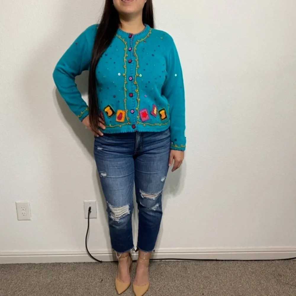 Susan Bristol Vintage Embroidered Turquoise Eclectic Holiday Cardigan Size M